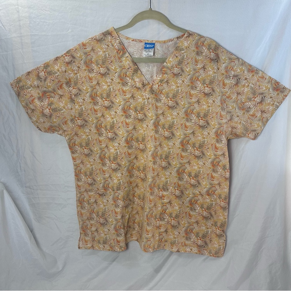 Crest Scrub Top Large Fall Leaf Print Yellow Rust Green 9109 V-Neck Pockets